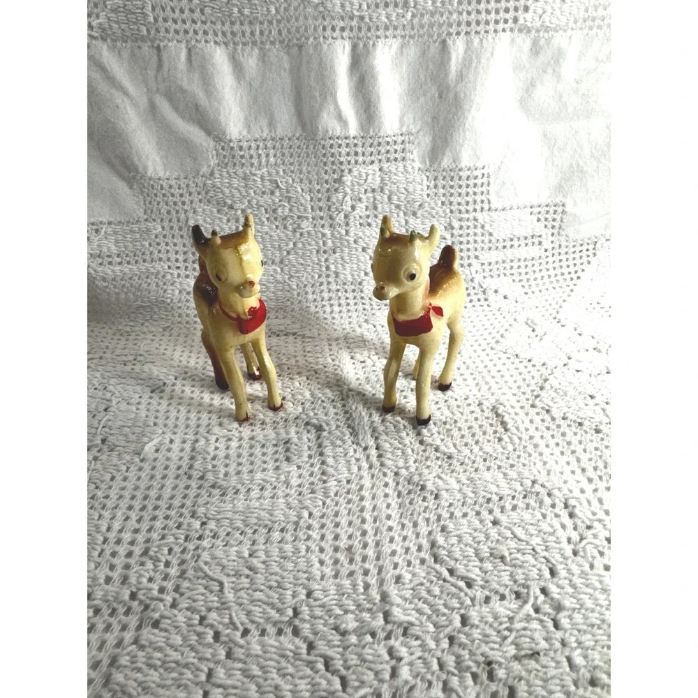 Vintage 1950s Rudolph Red Nosed Reindeer Hard Plastic Christmas FigurinesSet 2